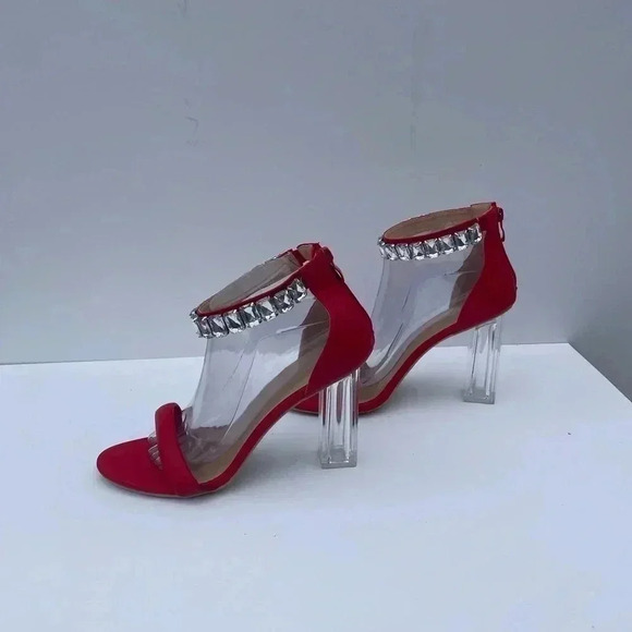 RAMPAGE RED CLEAR HEELED SANDALS SZ 10 WITH RHINESTONE ACCENT NWOT - Picture 1 of 4
